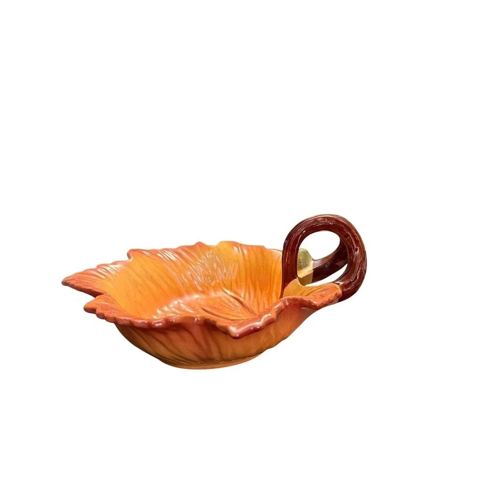 FIGI Autumn Leaf Handled Bowl Candy Nut Dish Fall Thanksgiving Orange Ceramic